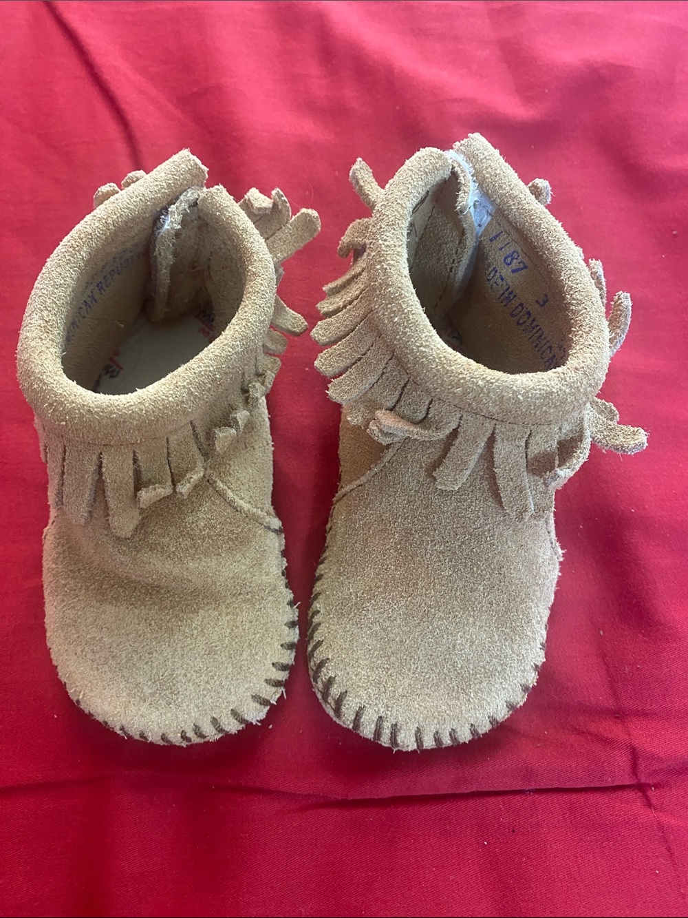 Fringe Suede Baby Moccasin Booties in Tan Size 3